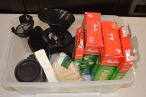 lot 40 image: Tub of Assorted Coffee Brewing Supplies - Filters, Travel Mug, Etc.