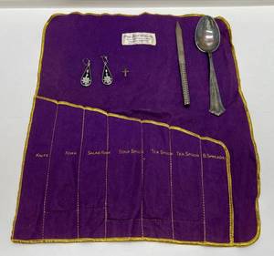 lot 17 image: Misc. STERLING SILVER Letter ( 26.44 grams Overall) Opener, 830S Spoon (31.65 grams Overall), Very Small Cross (.56 Grams), Earrings (Possible Sterlin) 6.37 Overall Grams & Vintage Fine Arts Sterling Felt Pouch