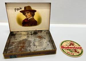 lot 28 image: Vintage Good Segars Tin & Budweiser Coaster