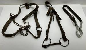 lot 40 image: Misc. Vintage Leather Horse Items Including Hinged Cribbing Collar, Horse Bit & More (Will Need Cleaning)