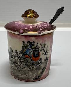 lot 152 image: Vintage Reactive Glass Sugar Container With Lid & Spoon (Crazing Present)