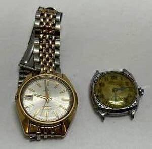 lot 154 image: Seiko Automatic 17 Jewel 7025-806LR Gold Tone Mens Watch (WORKS) & Vintage Elgin Model E-302 (untested)