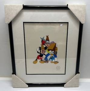 lot 167 image: Vintage Framed Behind Glass Mickey Mouse, Donald Duck, And Goofy Lonesome Ghost Disney Serigraph Cel With COA
