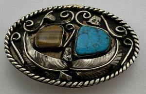 lot 174 image: Vintage Ornate Silver  & Turquoise Belt Buckle