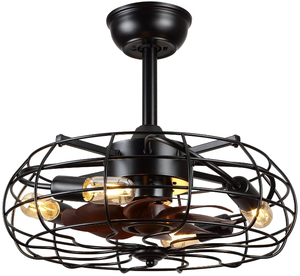 lot 22 image: Asyko Caged Ceiling Fans with Lights - Black Outdoor Ceiling Fan with Remote