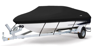 lot 175 image: MSC Heavy Duty 600D Marine Grade Polyester Canvas Trailerable Waterproof Boat Cover,Fits V-Hull,Tri-Hull, Runabout Boat Cover (Model I - Length 24-26 Beam Width up to 108, Black)