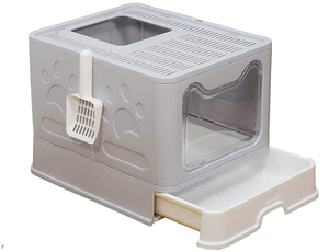 lot 187 image: Trinidad Foldable Cat Litter Box with Lid, Extra Large Litter Box with Cat Litter Scoop (Blue, 20 L x 16 W x 15 H)
