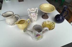 lot 53 image: Red Wing Pedestal Bowl w Misc Pitchers