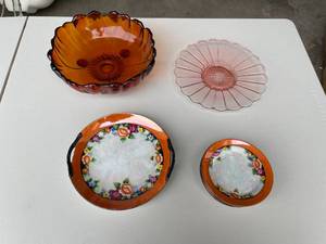 lot 66 image: Noritake 6 Plates & 9.5 Handled Bowl, Orange Glass Bowl and Pink Depression Glass 10 Serving Tray