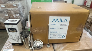 lot 192 image: 1 carton of BRAND NEW Knock 1 Back 3-piece cocktail Boston shaker with 1 mixing spoon
