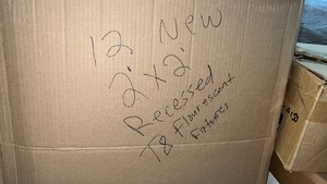 lot 177 image: Pallet of drop-in recessed light fixtures, measure 2 ft x 2 ft using Phillips T8 Fluorescent Bulbs Part # SPS2GFSVA217UNVHI