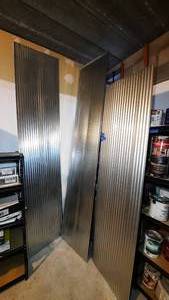 lot 347 image: (3) metal roof panels ribbed and corrugated. 2 120 H x 26W and 1  96 H x 26 W