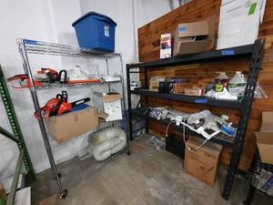 lot 367 image: (2) Shelf Units. 3-shelf NSF Rated measures 77x 24 x 72H Wire 4-shelf on wheels measures 47.5 w x 18 d x 76.6H