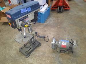 lot 368 image: Ryobi 10 Drill Press with Laser Guide Ace 6 12HP Grinder.