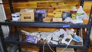 lot 372 image: Light Bulbs, Light Fixtures, Cleaning products, Wastebasket Liners, Work gloves, power strip and more