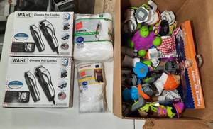 lot 374 image: Box of Little Tikes Halloween themed toys, Austin the Cowboy costume, Wahl Hair cutting kits, mens underwear
