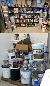 lot 344 image: 15 shelves and 1 pallet full of new and used (mostly used) Paint, stain, Kilz &nbspin gallon and 5 gallon-containers
