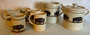 lot 21 image: Dakota Stoneware Pottery Lot Mugs, Sugar and Creamer