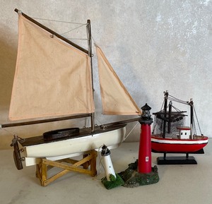 lot 28 image: Model Style Wood Ships With Mini Lighthouses