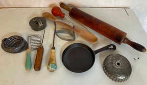 lot 49 image: Vintage Kitchen Lot with Wood Rolling Pin