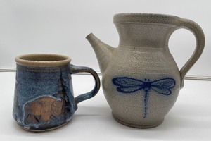 lot 126 image: Pottery Pitcher with Dragon fly and Pottery Mug