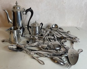 lot 69 image: Pewter Coffee Set Pot, Sugar, Creamer Flatware