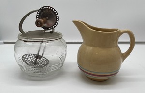 lot 104 image: Viintage Androck Egg Beater Glass Bowl and Watt Creamer