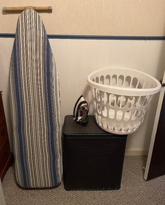 lot 106 image: Laundry Lot Ironing Board, Iron, Basket, Hamper