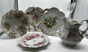 lot 92 image: Vintage Pocelain Lot with Johnson Brothers 8 pitcher and Crystal Stemware