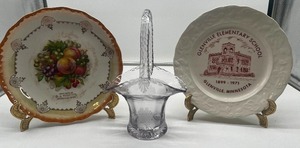 lot 93 image: Glenville MN Collectors Plates D.J. Roberts Glenville MN and Lavender Glass Basket