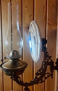 lot 77 image: Glass Kerosene Lamp with Swing Arm Holder and Mercury Glass Reflector