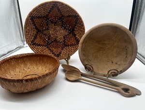 lot 78 image: Woven Basket and Wood Bowl Lot