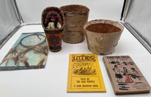 lot 149 image: Birch Bark basket, Souvenir Indian Doll and vintage book
