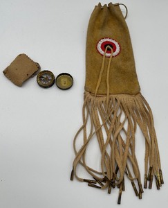 lot 150 image: Suede and Beaded Medicine Bag and Brass Compass
