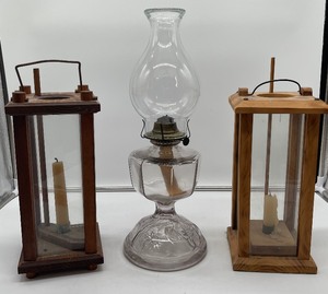 lot 160 image: Kerosene Lantern and Candle Lantern Lot of 3