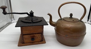 lot 163 image: Vintage Wood and Iron Coffee Mill and CopperBrass tea pot