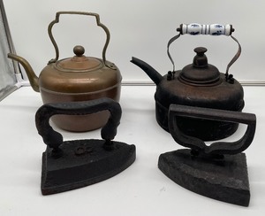 lot 172 image: Cast Iron Sad Irons and MetalBrass Teapots