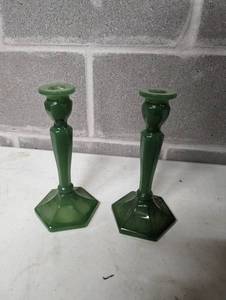 Two Green Glass Candle Holders