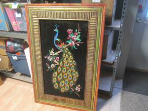 (R) Large Vintage Framed Peacock Pa...