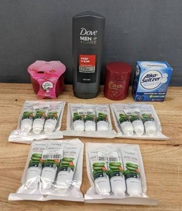 lot 100 image: New Assortment of Self Care Products Sadoer Aloe Vera Hand Cream, Dove Men Care, Glade Candle, Alka Seltzer, & More F
