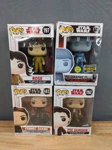 lot 1 image: New Funko POP Star Wars Vinyl Bobble-Head Figures Rose 197, Holographic Luke Skywalker 615, Fennec Shand 483 and Poe Dameron 192 F