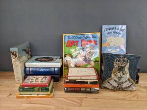 lot 146 image: Assorted Books and a Cat Queen Throw Pillow - Michelle Obama, J.R.R. Tolkien, Homer, The Brothers Grimm, and More R