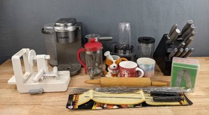 lot 143 image: Assorted Kitchen Items - Ninja Smoothie Blender, Keurig K-Cafe Latte and Cappuccino Maker, Vegetable Spiralizer, Henckels Knife Set, and more R