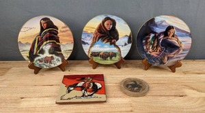lot 141 image: Vintage Cleo Teissedre Tile End of the Trail Native American Indigenous Art Tile, (3) Cloak of Visions Collectors Plates R