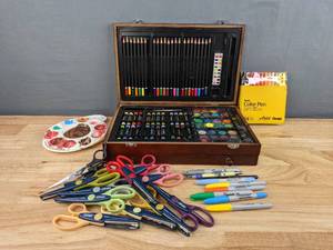 lot 150 image: Assorted Art Items - Boxed Art Set, Sharpies, Fiskars Paper Edgers Scissors, Colored Pencils, Water Colors, and more R