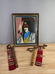 lot 99 image: Painting by Russell Paishall and (2) Carved Flutes R