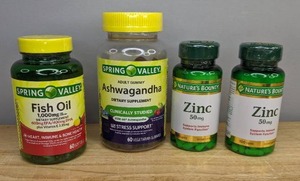 lot 165 image: New Spring Valley 1,000mg Fish Oil 60 Soft Gels (Expiration Date 0424), Ashwagandha 60 Adult Gummies (Expiration Date 0124) and 2x Natures Bounty 50mg Zinc 100 Caplets (Expiration Date 0522) Z