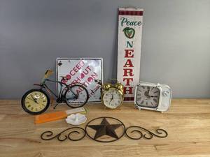 lot 112 image: Small Rustic Home Decor Items Clocks, Metal Star Wall Art, Vintage Twin Bell Clock and More Z
