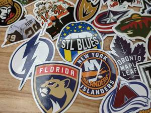 lot 45A image: 50 NHL Hockey Team Stickers Minnesota Wild Capitals Blues Penguins Toronto Bruins Vegas V