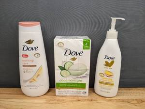 lot 80A image: Brand New Dove Soothing Care Wash, Body Love Softening Body Lotion and 6 Bars of Dove Cool Moisture Bar Soap  I